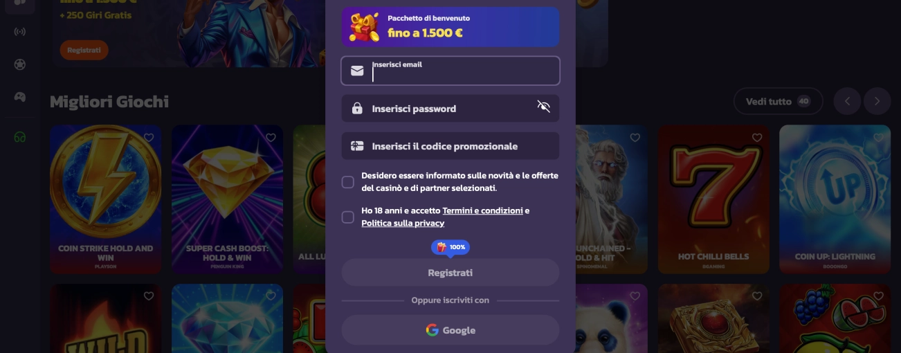 Modulo registrazione – Bonus di benvenuto Coolzino